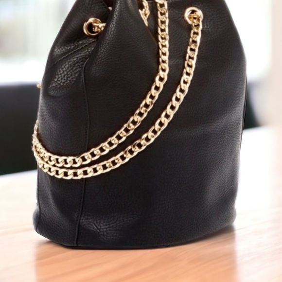 Black Bucket Style Handbag With Gold Hardware - Picture 2 of 3